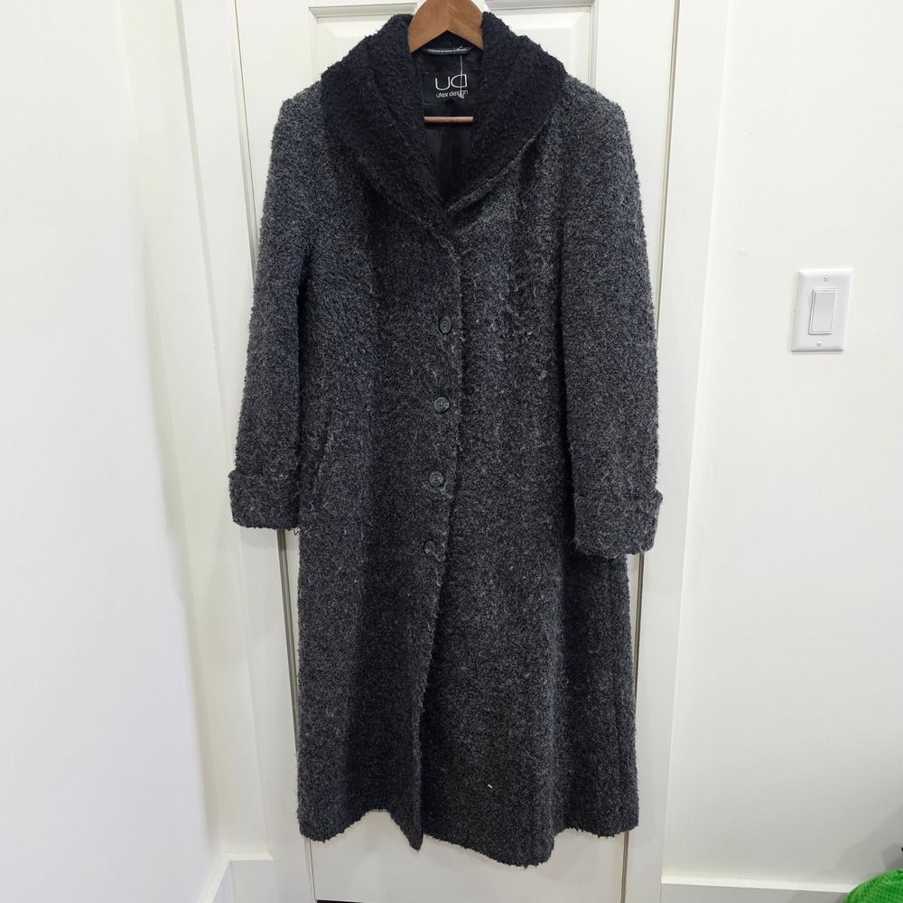 utex design Women's Charcoal Textured Boucle Wool Blend Long Coat Size 14